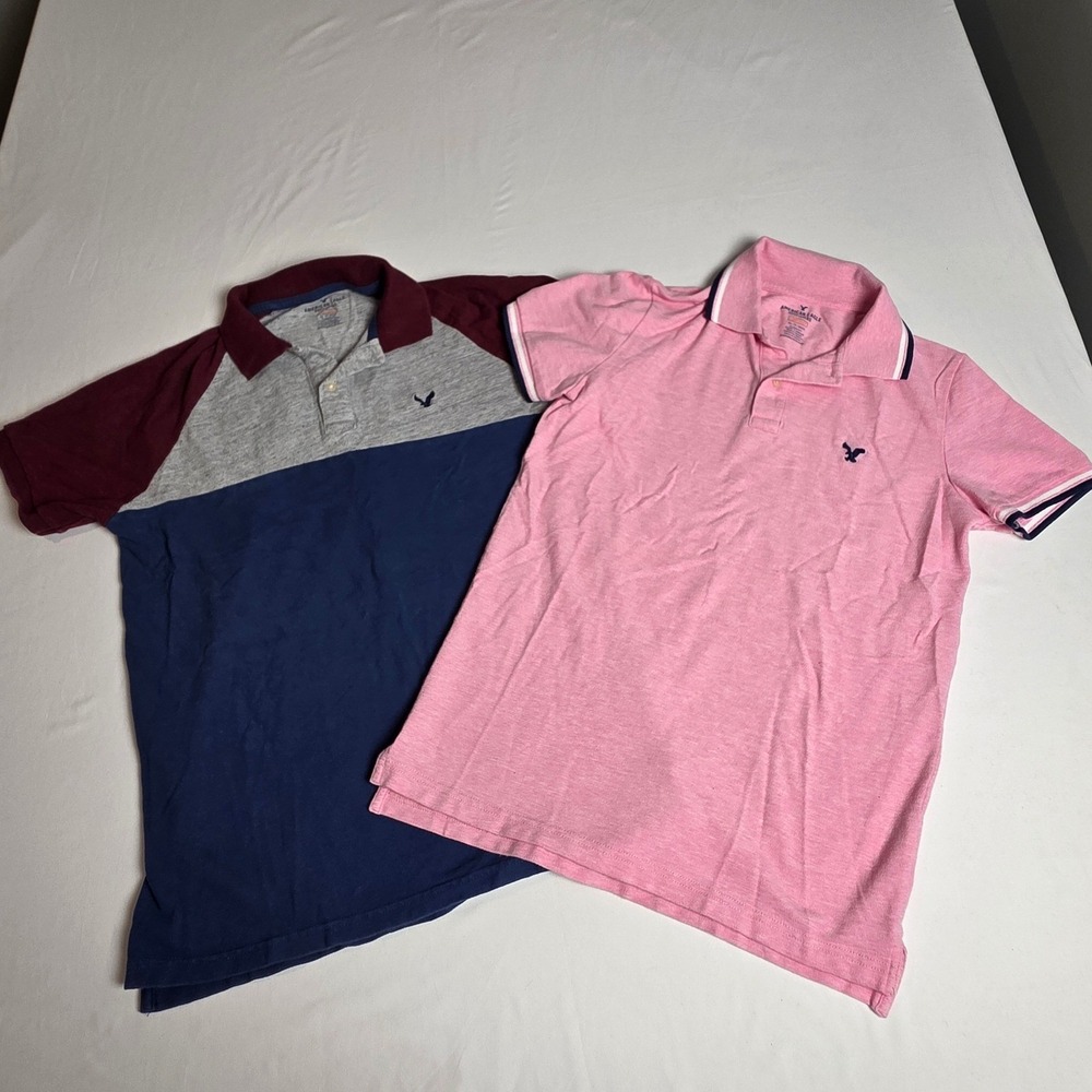 American Eagle Polo Shirt Boys XS Pink Blue Gray Colorblock Core Flex Bundle 2pk